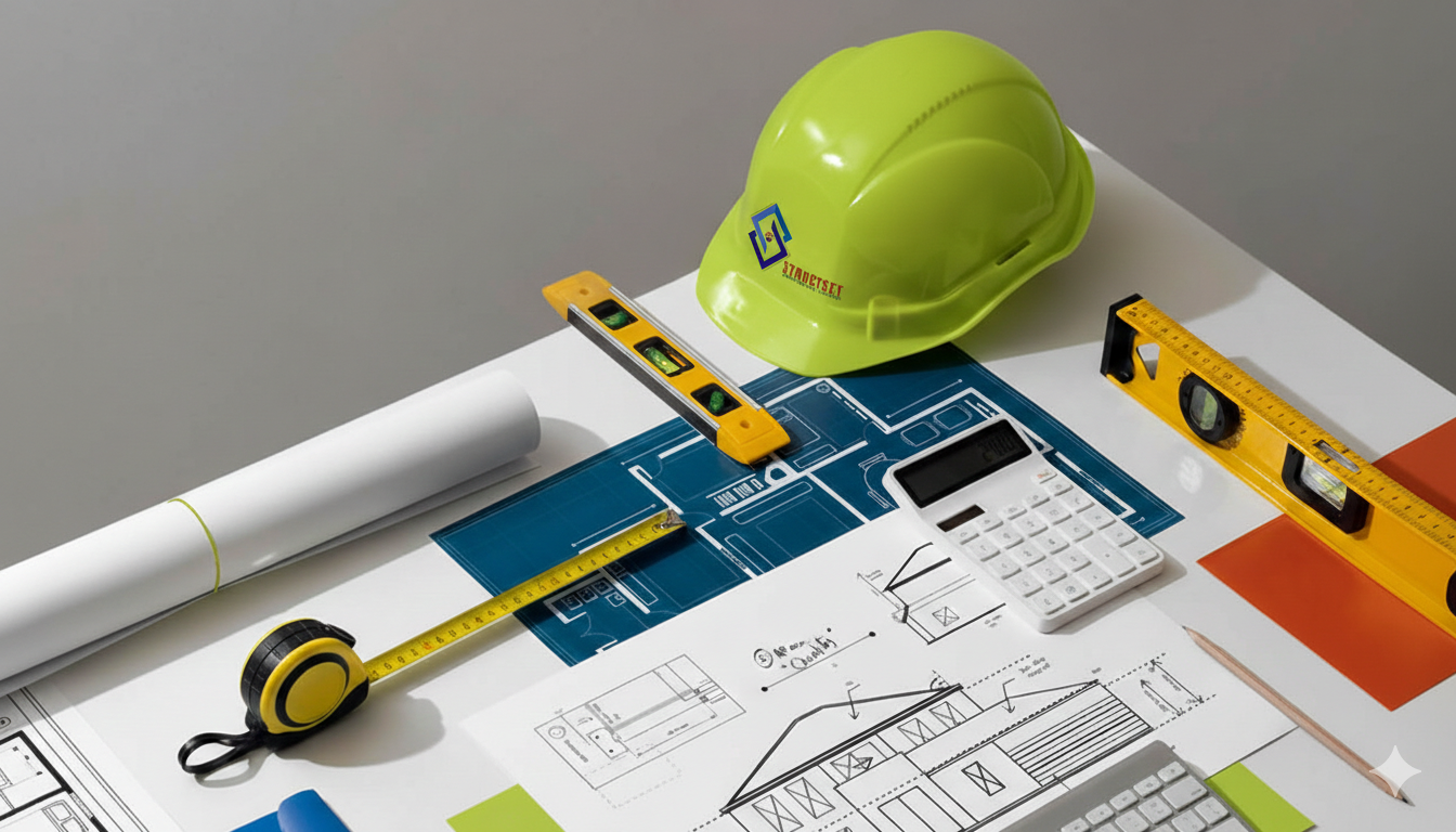 Engineering workspace with architectural blueprints, lemon green branded hard hat, measuring tape, and levels on a white desk.