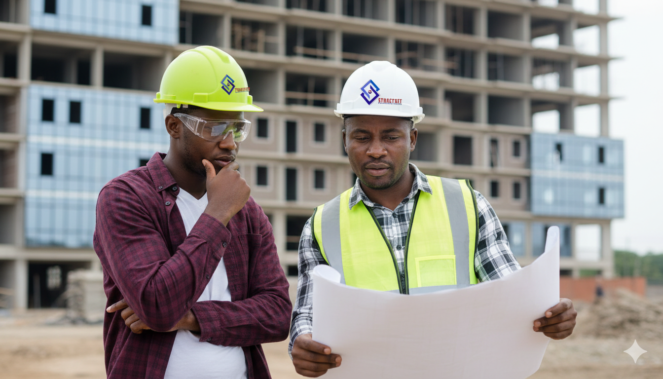 Two African male engineers wearing branded lemon-green and white hard hats and a safety vest, reviewing architectural blueprints at a modern building construction site.